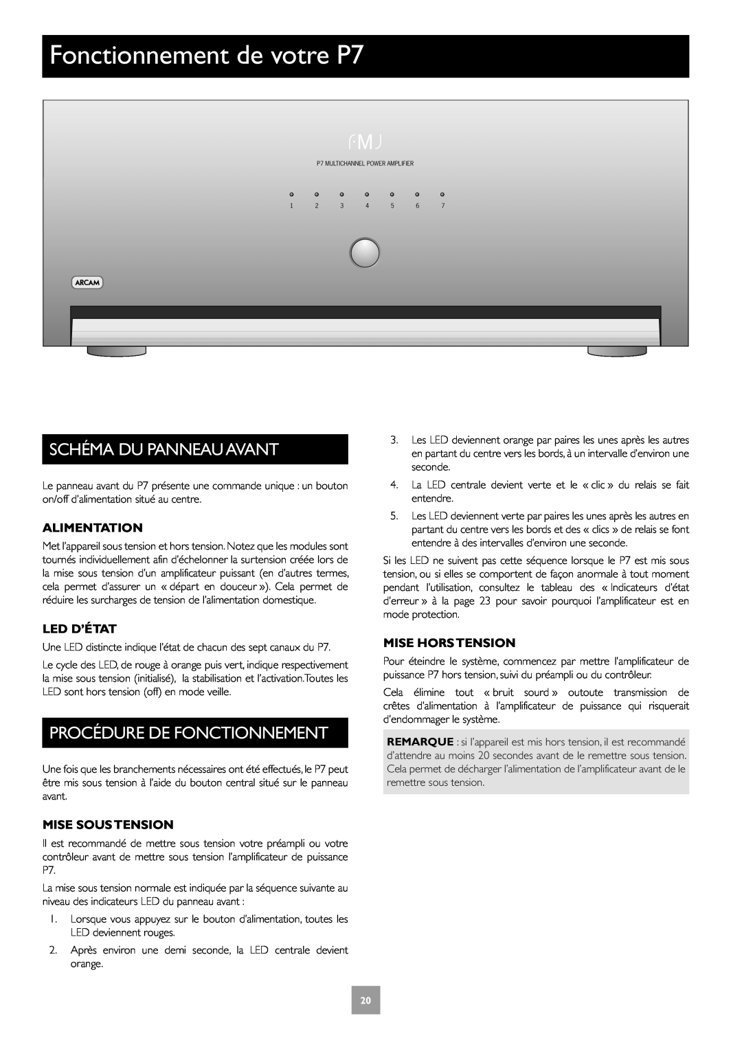 Arcam Multichannel Power Amplifier manual Fonctionnement de votre P7, Schéma Du Panneau Avant, Procédure De Fonctionnement 