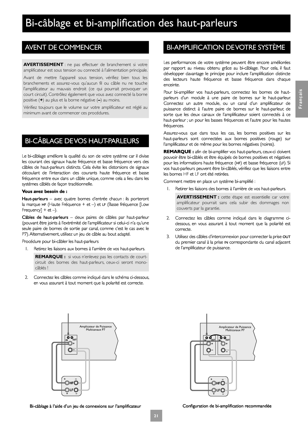 Arcam Multichannel Power Amplifier manual Bi-câblageet bi-amplificationdes haut-parleurs, Avent De Commencer 