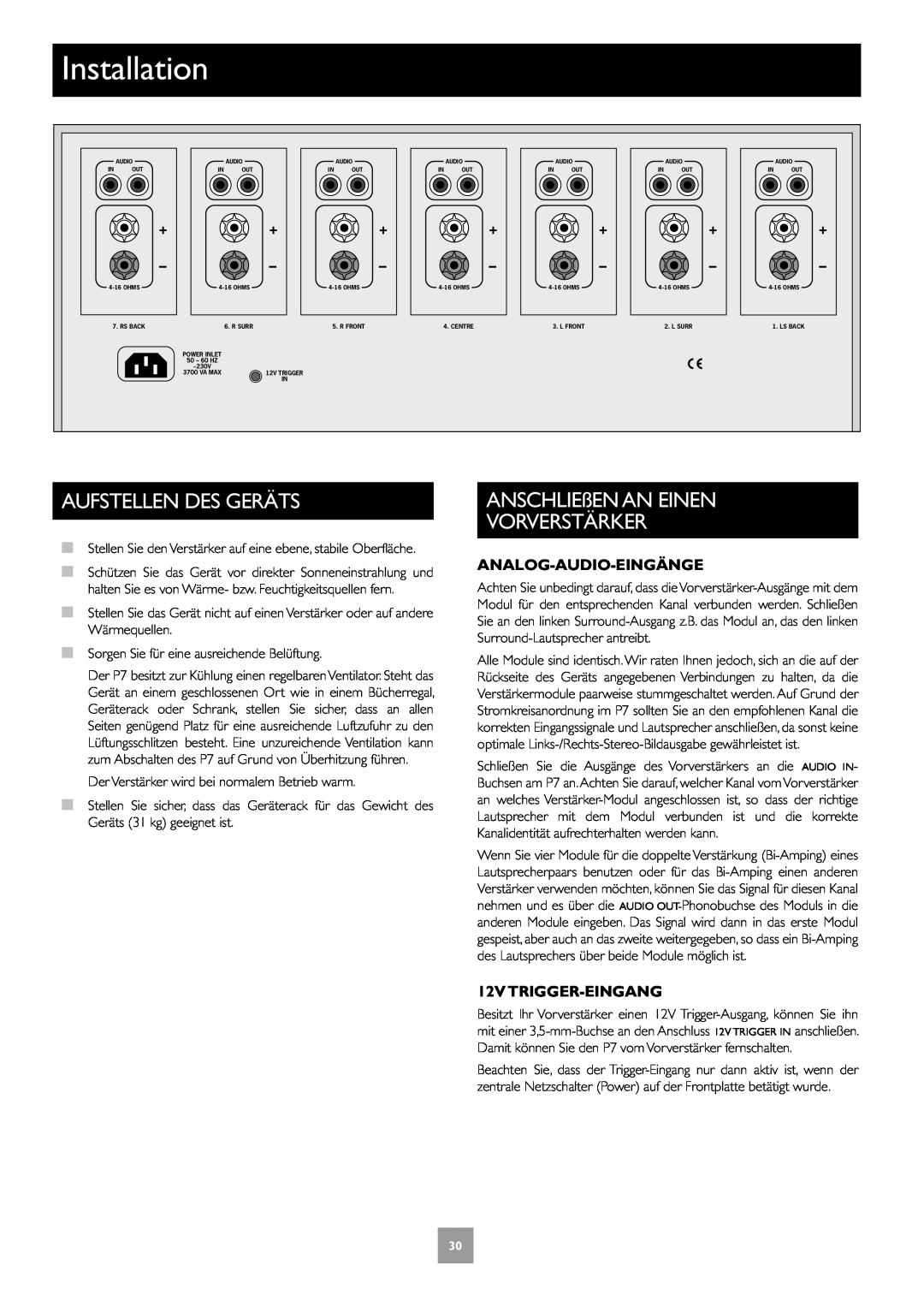 Arcam Multichannel Power Amplifier manual Aufstellen Des Geräts, ANSCHLIEßEN AN EINEN VORVERSTÄRKER, Analog-Audio-Eingänge 