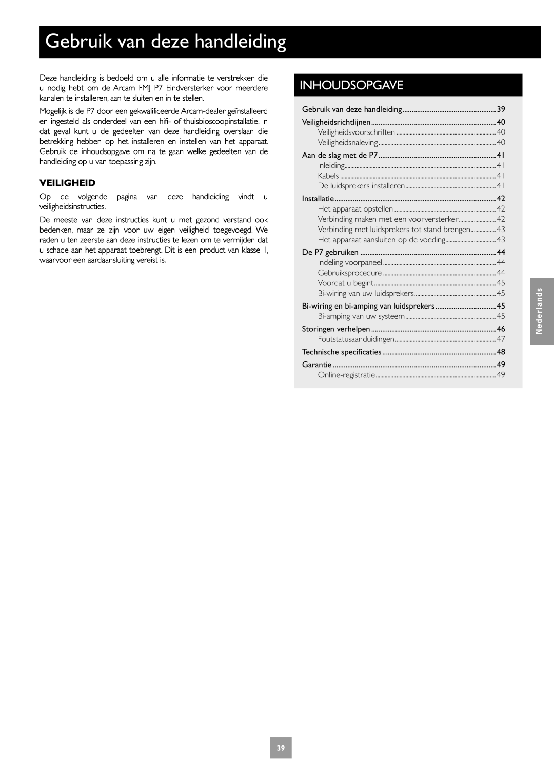 Arcam Multichannel Power Amplifier manual Inhoudsopgave, Veiligheid, Gebruik van deze handleiding, Nederlands 