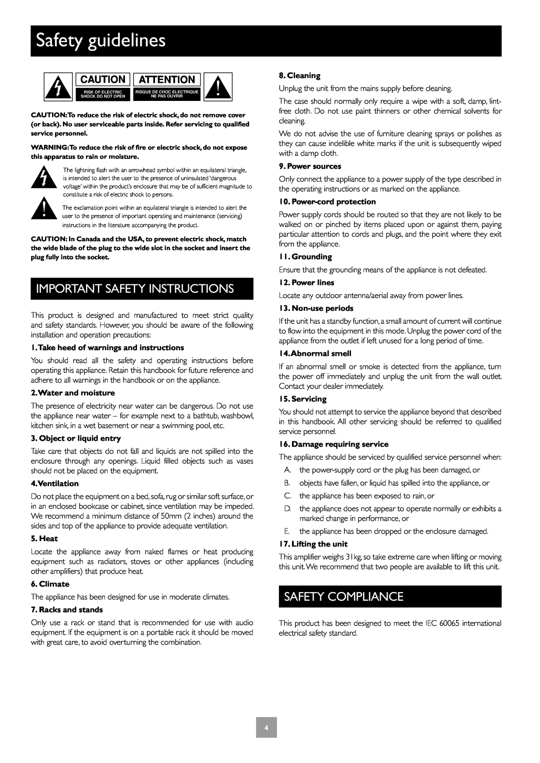 Arcam Multichannel Power Amplifier manual Safety guidelines, Important Safety Instructions, Safety Compliance 