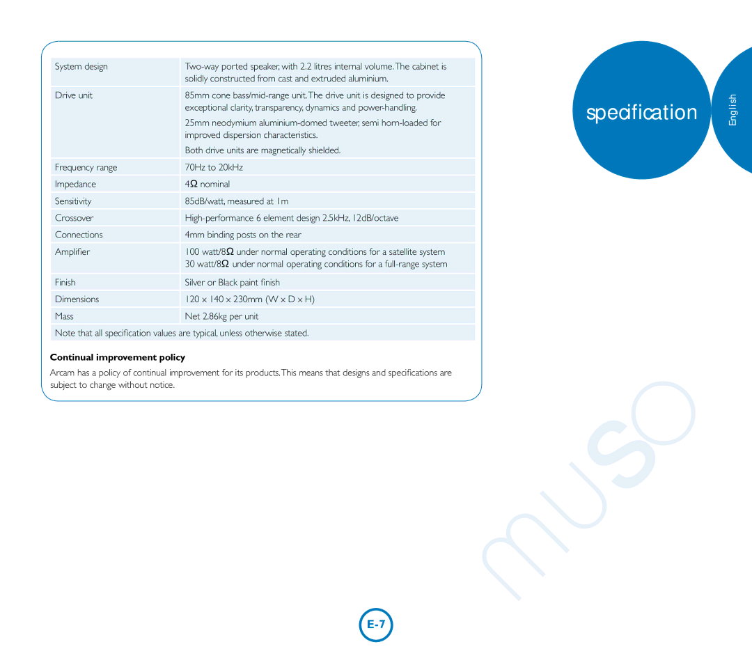 Arcam Muso manual Specification, Continual improvement policy 