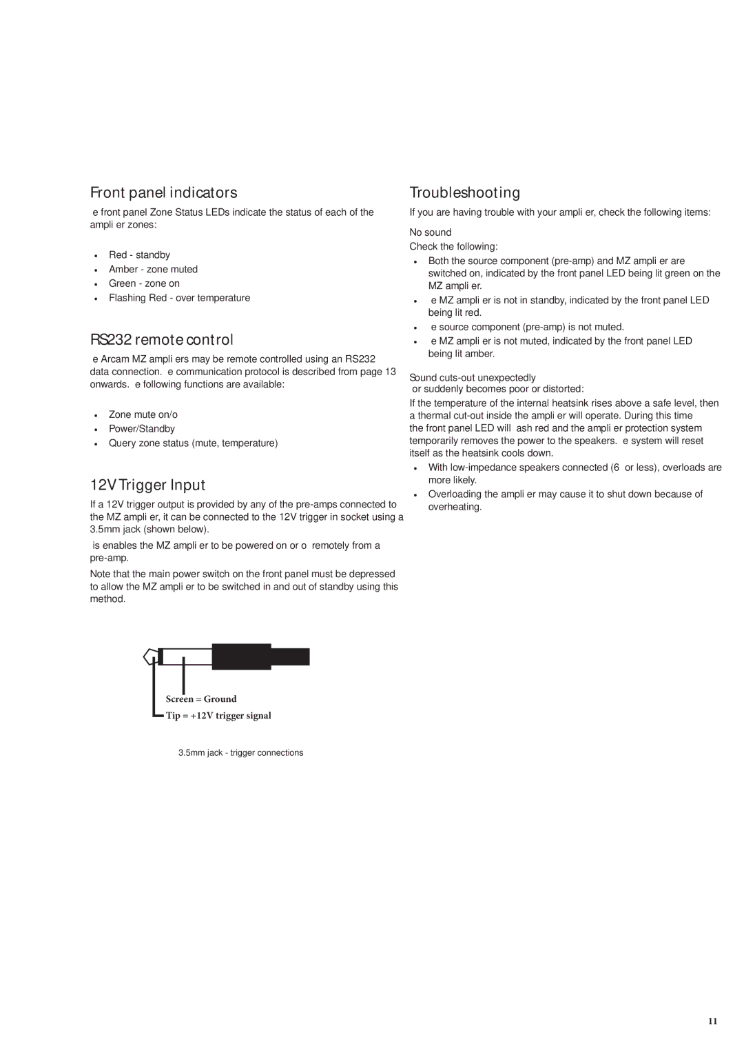 Arcam MZ12, MZ8 manual Front panel indicators, RS232 remote control, 12V Trigger Input, Troubleshooting, No sound 