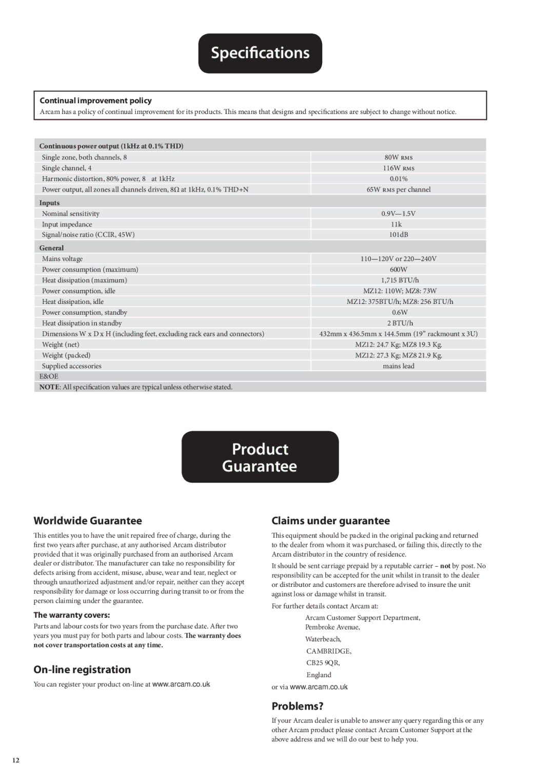 Arcam MZ8 Specifications, Product Guarantee, Worldwide Guarantee, On-line registration Claims under guarantee, Problems? 