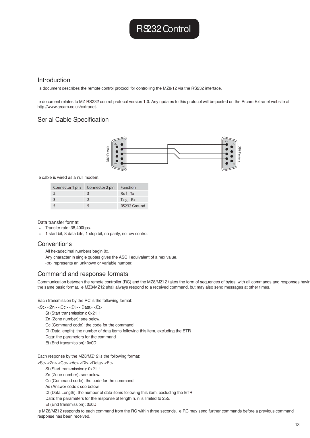 Arcam MZ12, MZ8 manual RS232 Control, Introduction, Serial Cable Specification, Conventions, Command and response formats 