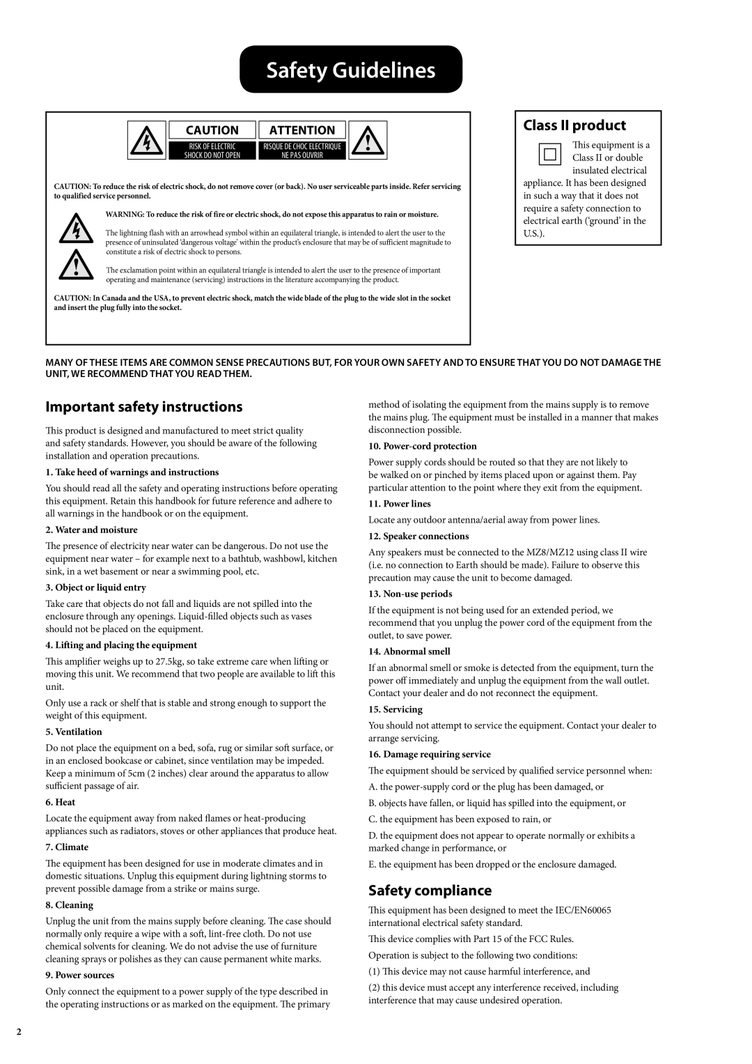 Arcam MZ8, MZ12 manual Safety Guidelines, Class II product, Important safety instructions, Safety compliance 