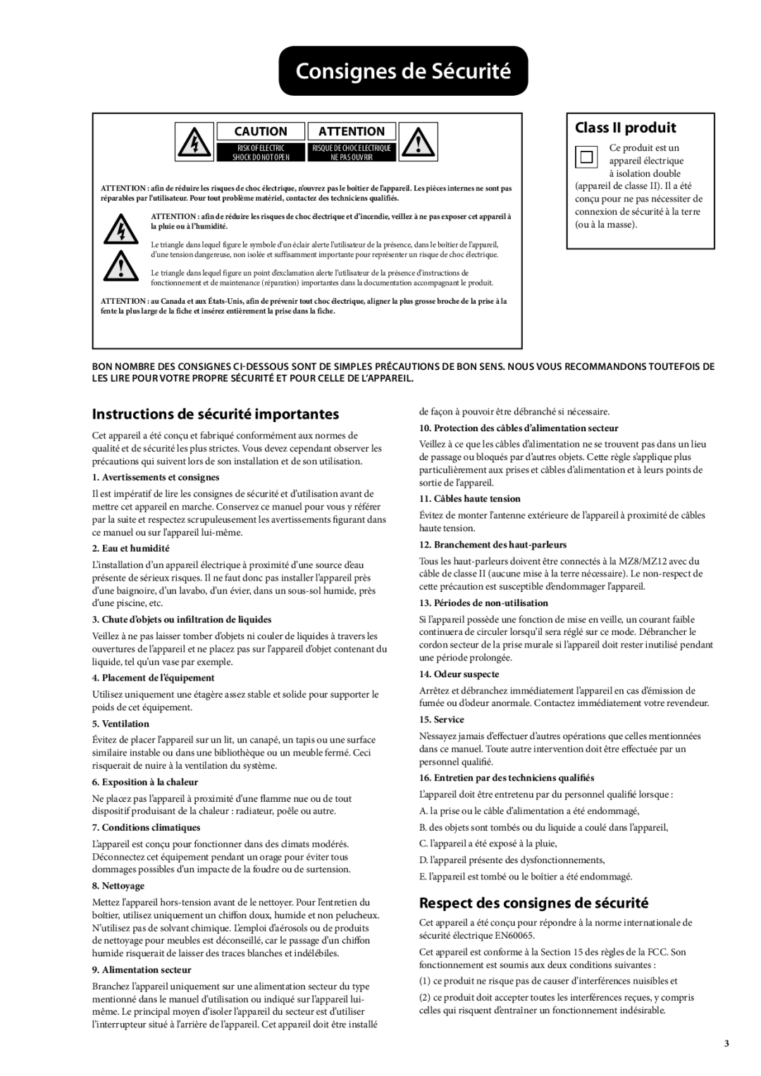 Arcam MZ12, MZ8 manual Consignes de Sécurité, Class II produit, Instructions de sécurité importantes 