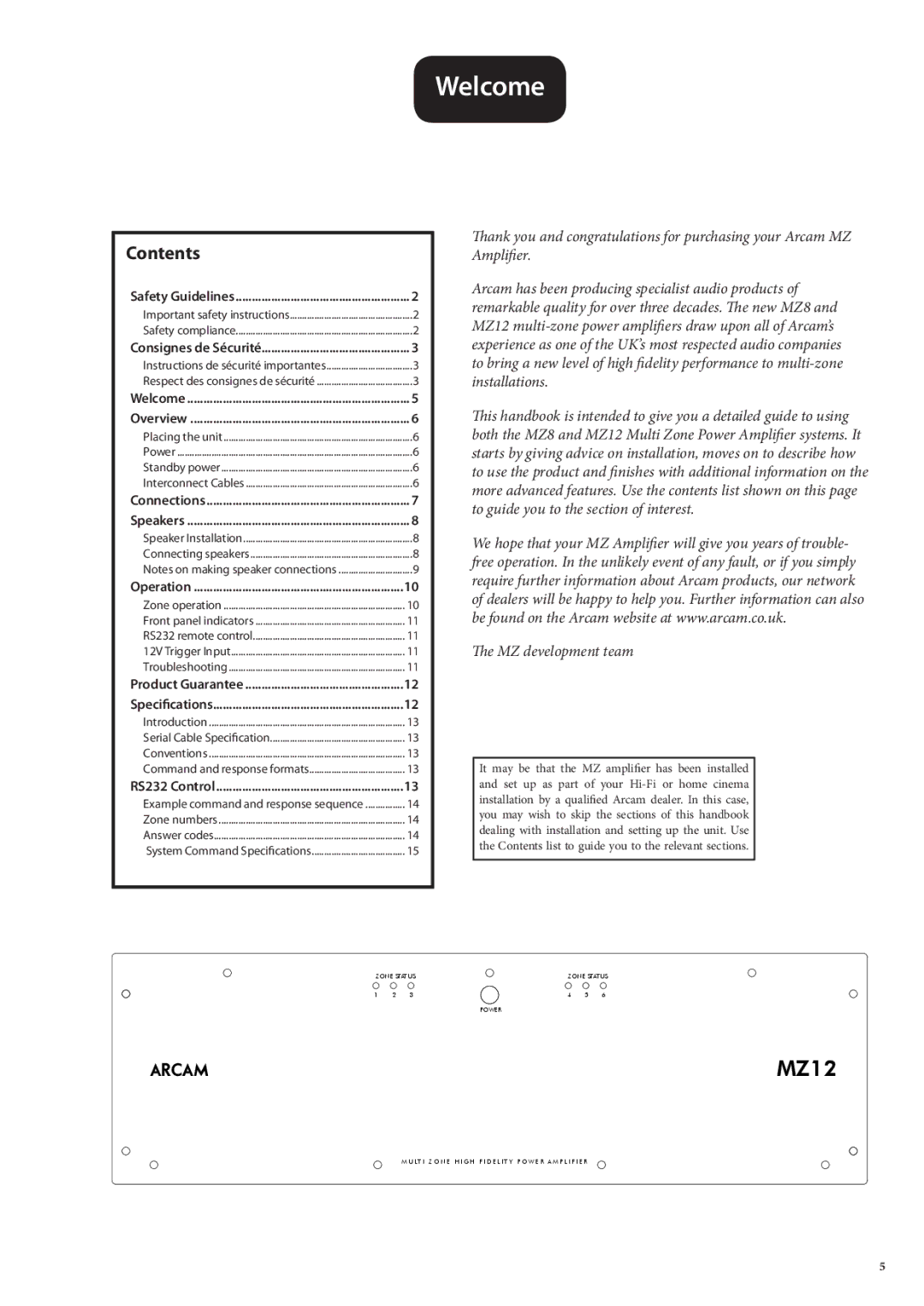 Arcam MZ12, MZ8 manual Welcome, Contents 