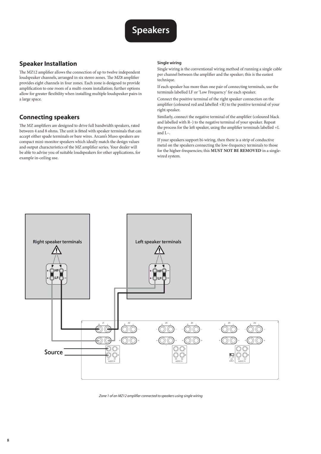 Arcam MZ8, MZ12 manual Speakers, Speaker Installation, Connecting speakers, Right speaker terminals, Single wiring 