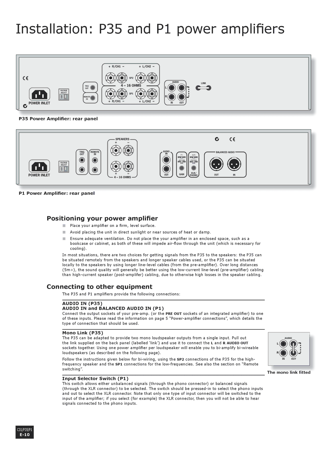 Arcam Installation P35 and P1 power amplifiers, Positioning your power amplifier, Audio in and Balanced Audio in P1 