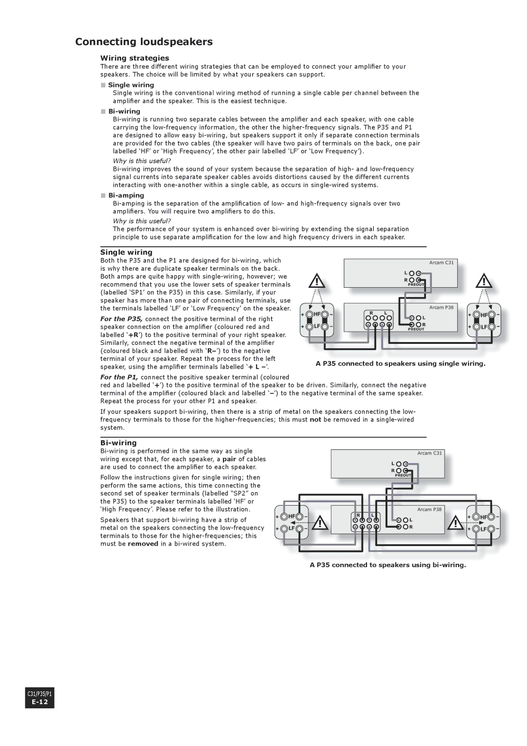 Arcam P1, C31 manual Connecting loudspeakers, Wiring strategies, Single wiring, Bi-wiring 