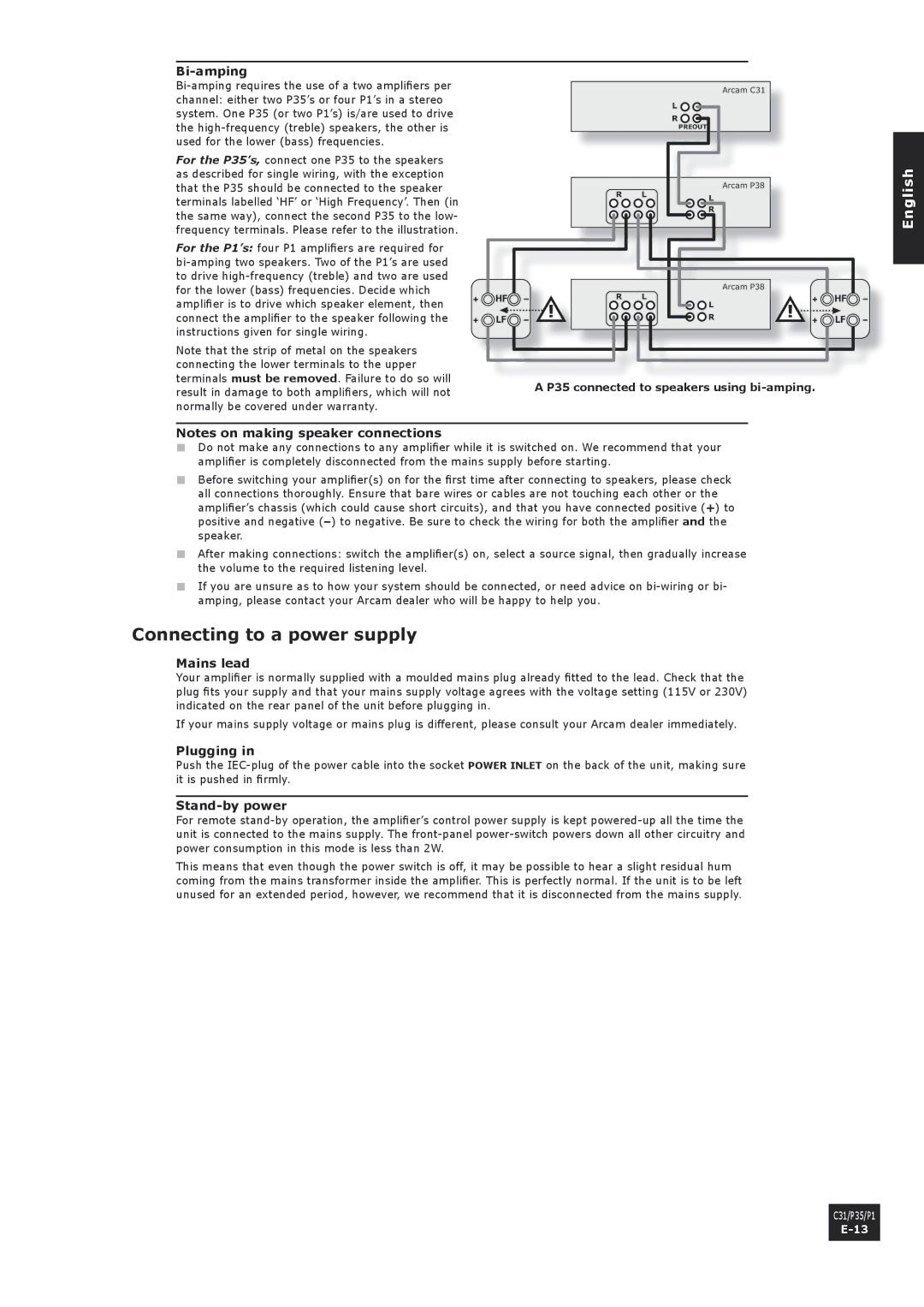 Arcam C31, P1 manual Bi-amping, P35 connected to speakers using bi-amping 