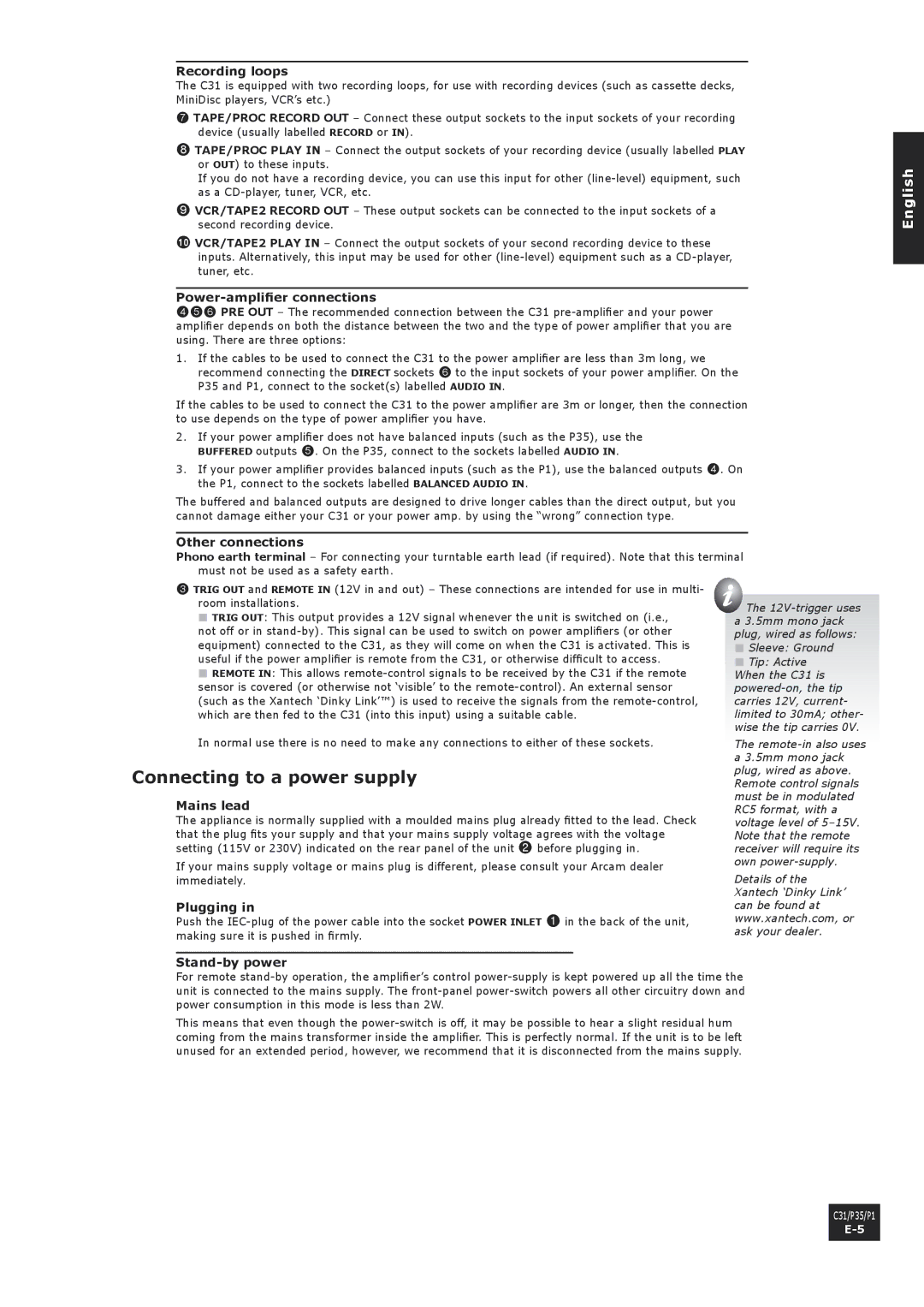 Arcam C31, P1 manual Connecting to a power supply 