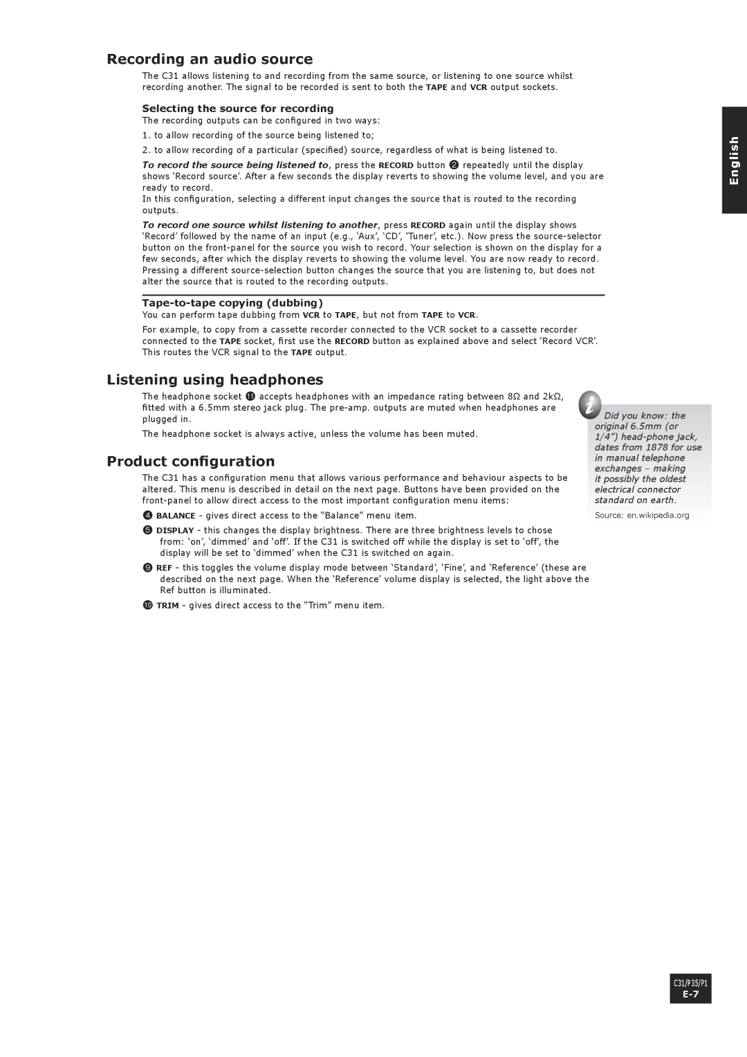 Arcam C31 Recording an audio source, Listening using headphones, Product configuration, Selecting the source for recording 