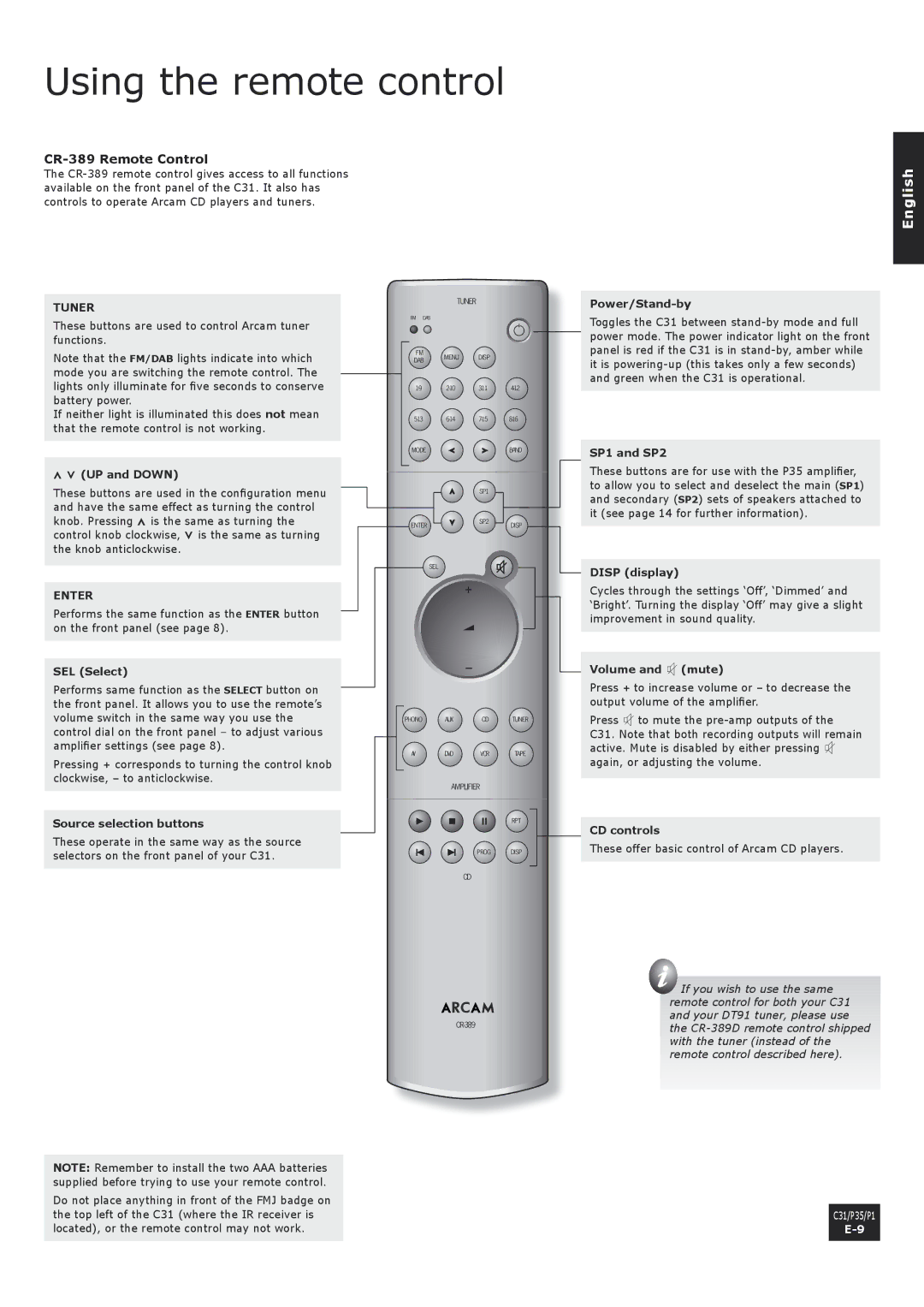 Arcam C31, P1 manual Using the remote control, CR-389 Remote Control 