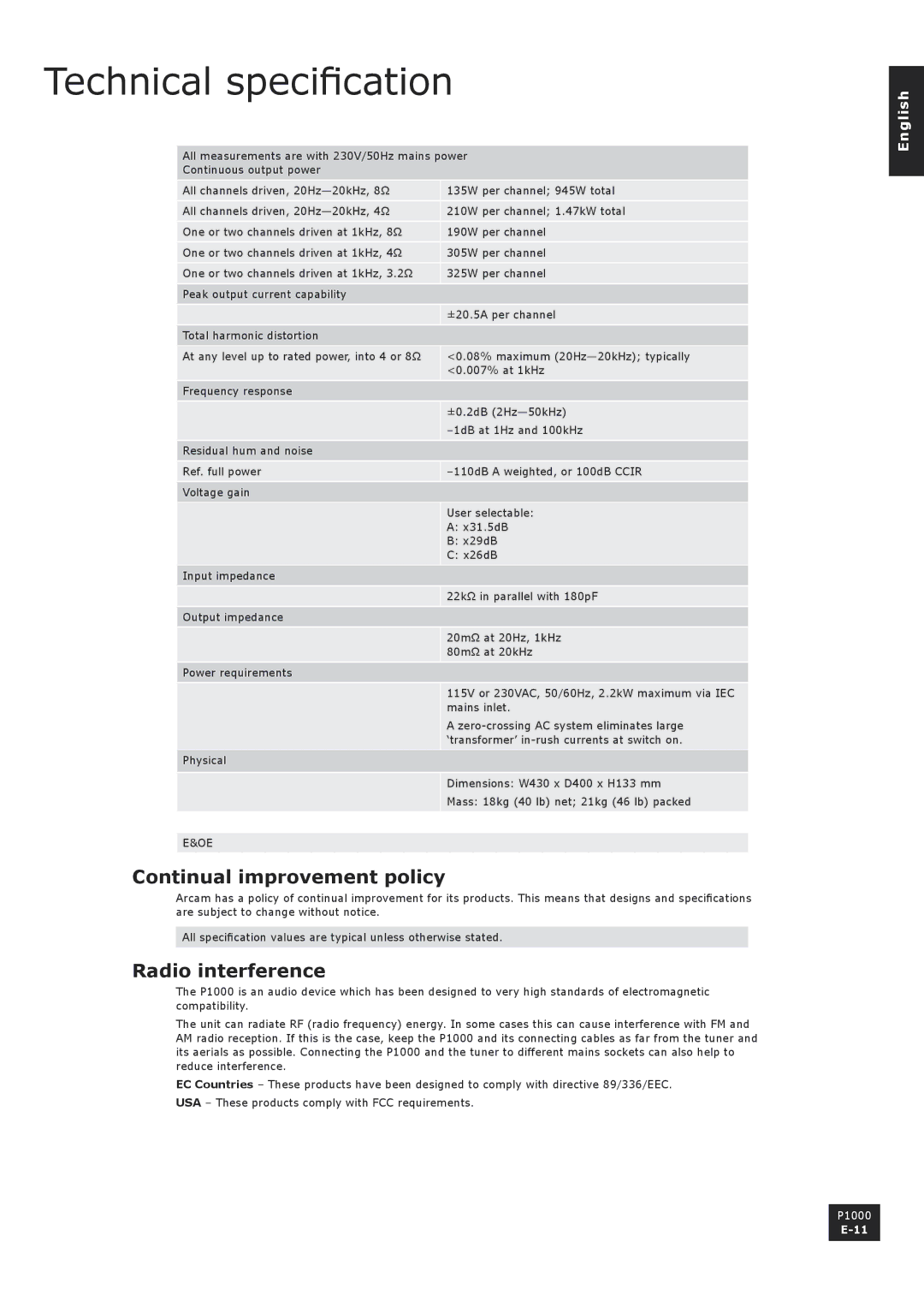 Arcam P1000 manual Technical specification, Continual improvement policy, Radio interference 