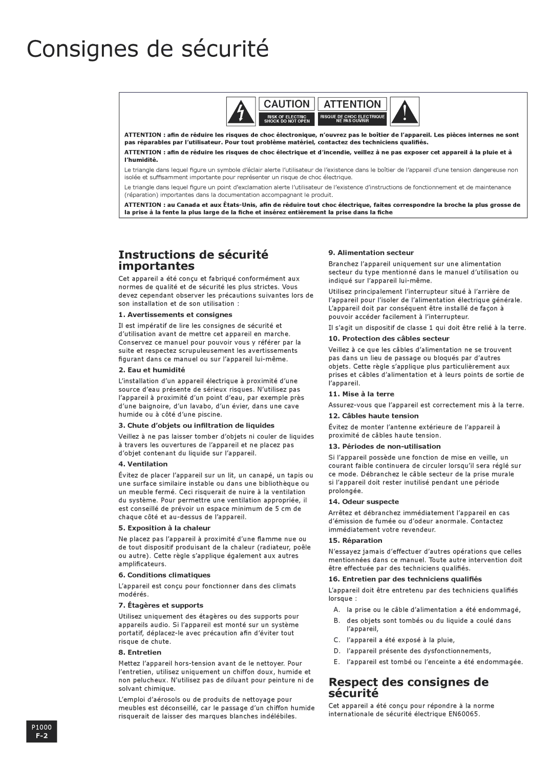 Arcam P1000 manual Consignes de sécurité, Instructions de sécurité importantes, Respect des consignes de sécurité 