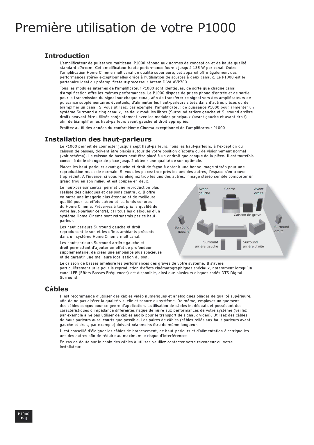 Arcam manual Première utilisation de votre P1000, Installation des haut-parleurs, Câbles 