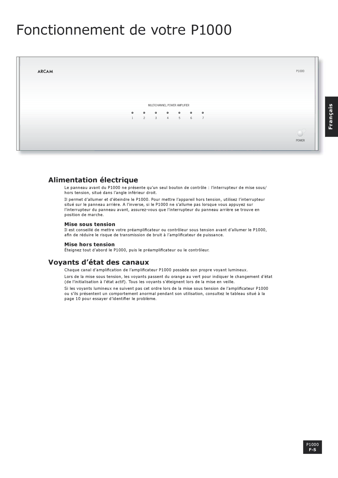 Arcam manual Fonctionnement de votre P1000, Alimentation électrique, Voyants d’état des canaux, Mise sous tension 