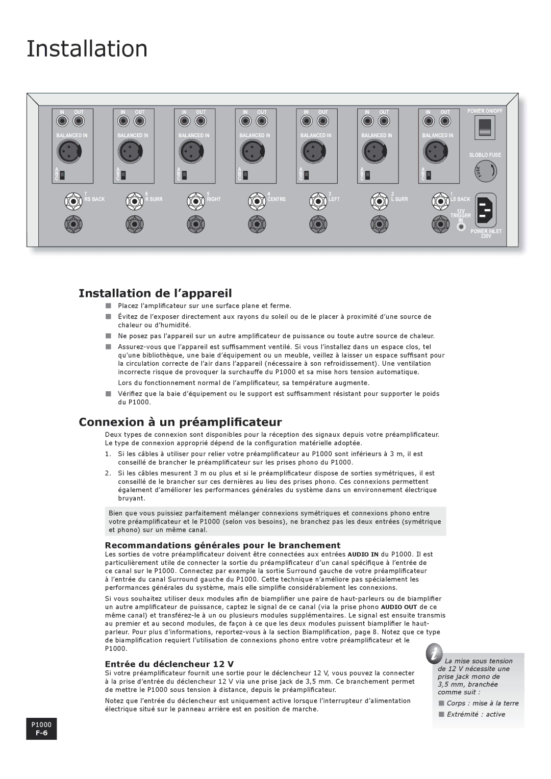 Arcam P1000 Installation de l’appareil, Connexion à un préamplificateur, Recommandations générales pour le branchement 