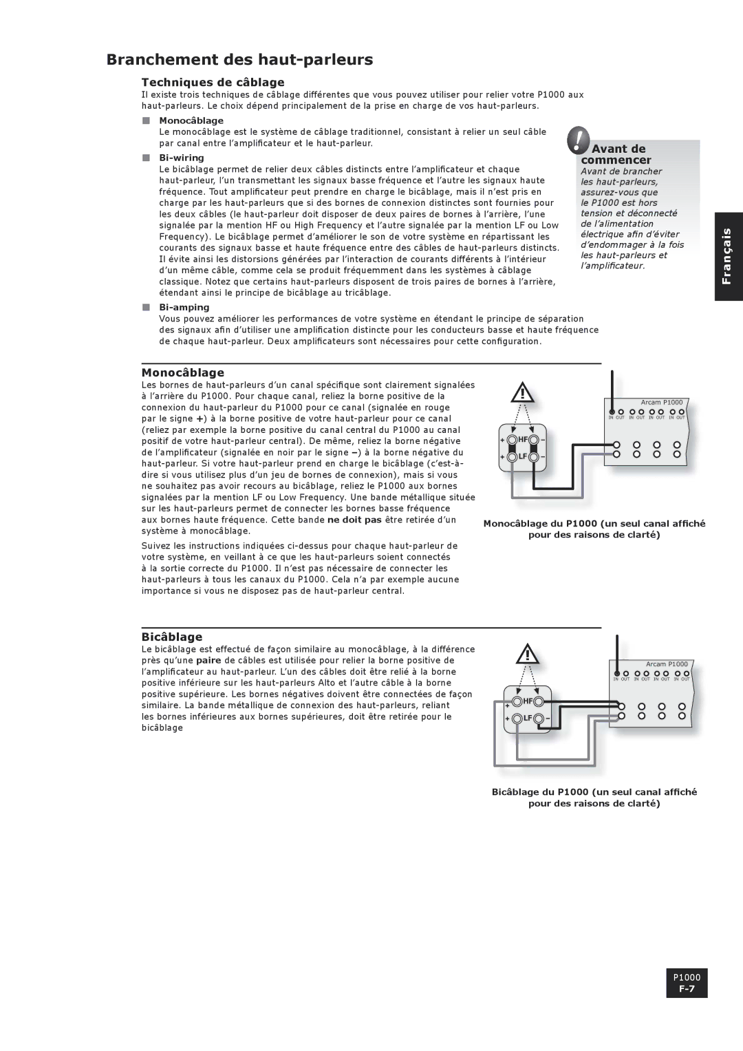 Arcam P1000 manual Branchement des haut-parleurs 