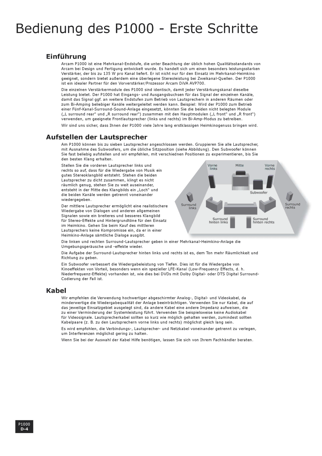Arcam manual Bedienung des P1000 Erste Schritte, Einführung, Aufstellen der Lautsprecher, Kabel 