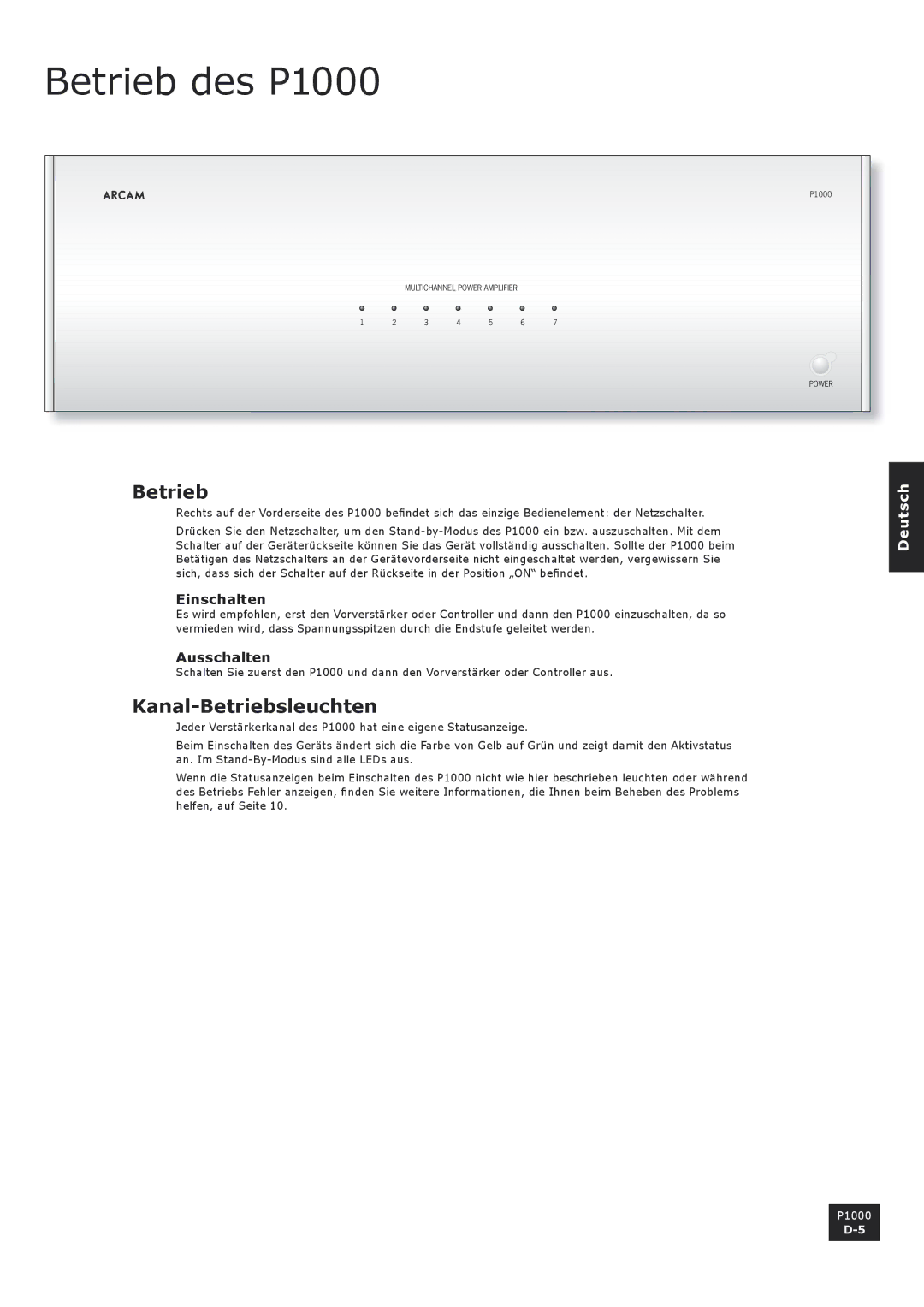 Arcam manual Betrieb des P1000, Kanal-Betriebsleuchten, Einschalten, Ausschalten 