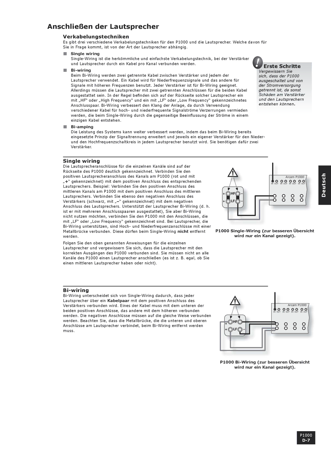 Arcam P1000 manual Anschließen der Lautsprecher, Verkabelungstechniken, Erste Schritte 