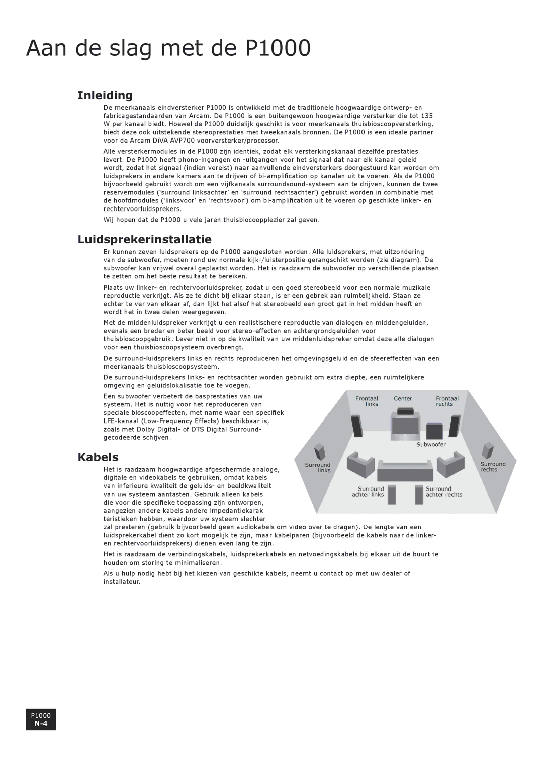 Arcam manual Aan de slag met de P1000, Inleiding, Luidsprekerinstallatie, Kabels 