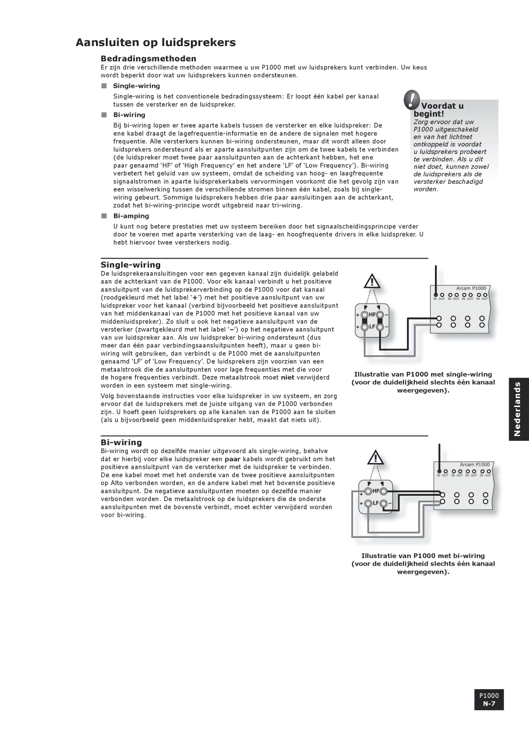 Arcam P1000 manual Aansluiten op luidsprekers, Bedradingsmethoden, Voordat u begint, Single-wiring 