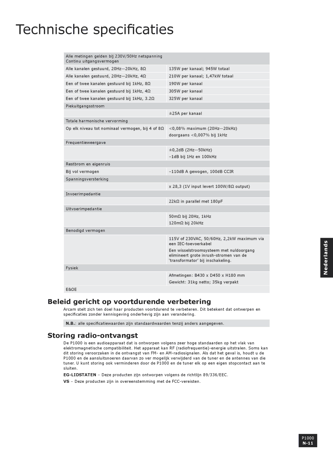 Arcam P1000 manual Technische specificaties, Beleid gericht op voortdurende verbetering, Storing radio-ontvangst 