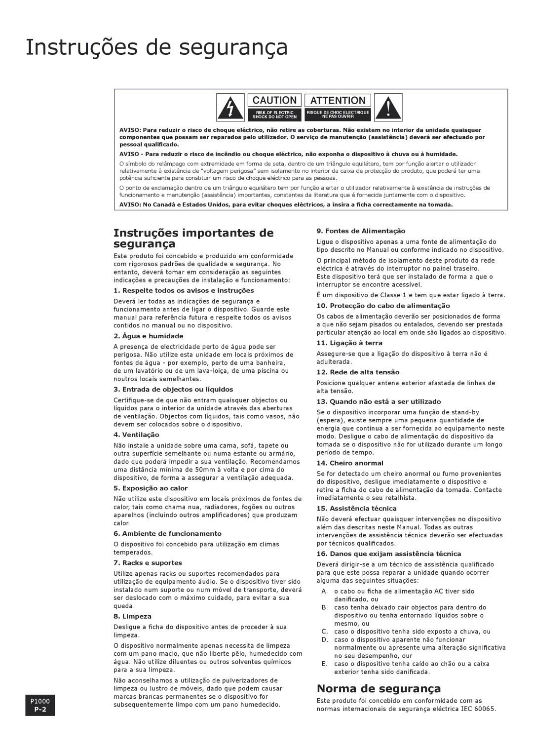 Arcam P1000 manual Instruções de segurança, Instruções importantes de segurança, Norma de segurança 