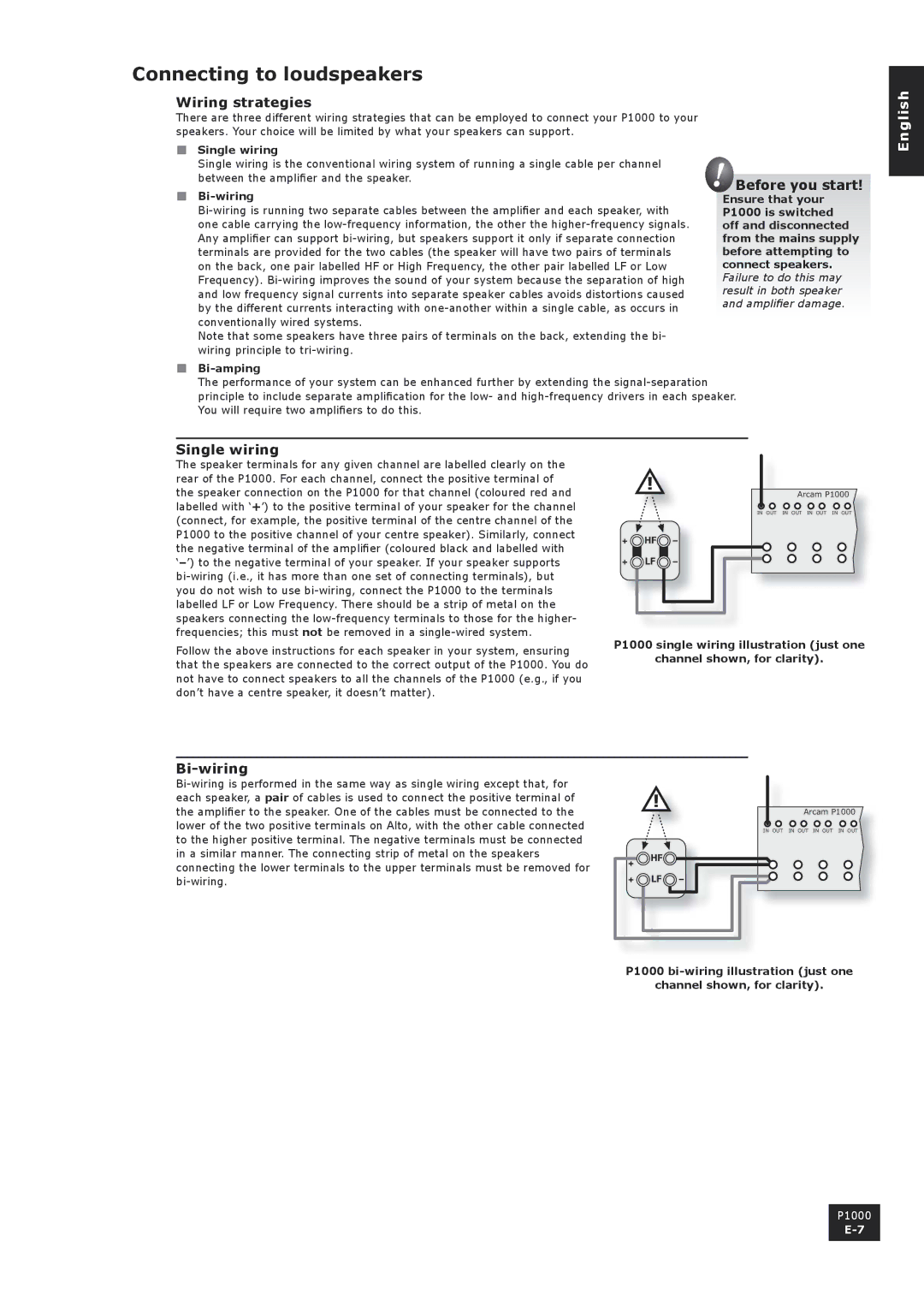 Arcam P1000 manual Connecting to loudspeakers, Wiring strategies, Single wiring, Bi-wiring 