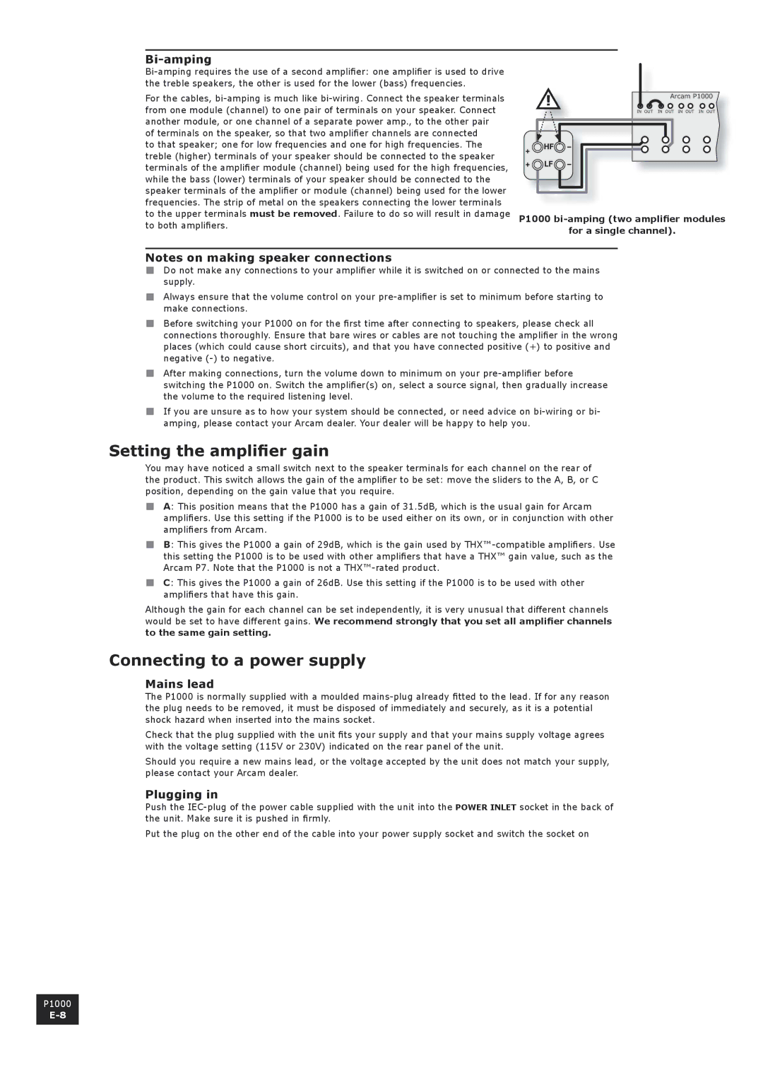 Arcam P1000 manual Setting the amplifier gain, Connecting to a power supply, Bi-amping, Mains lead, Plugging 