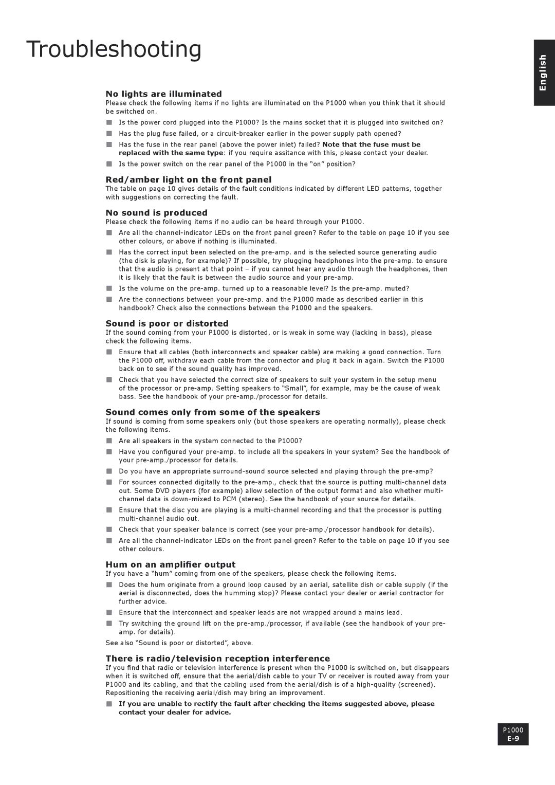 Arcam P1000 manual Troubleshooting 