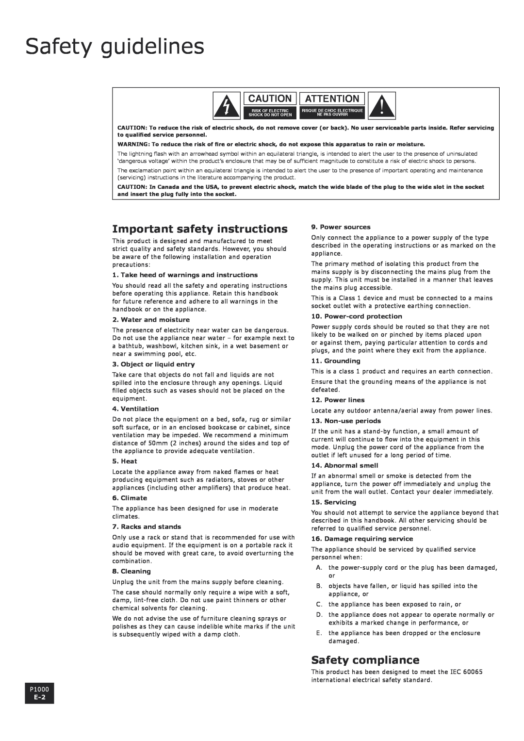Arcam P1000 Safety guidelines, Important safety instructions, Safety compliance, Take heed of warnings and instructions 