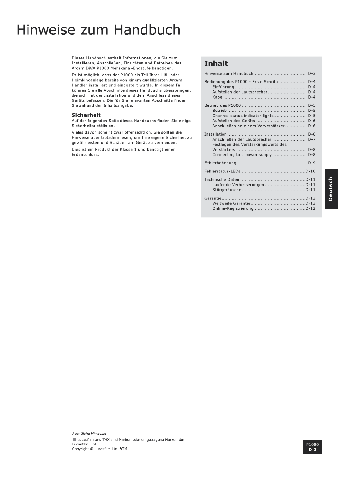 Arcam P1000 manual Hinweise zum Handbuch, Inhalt, Sicherheit, Deutsch 