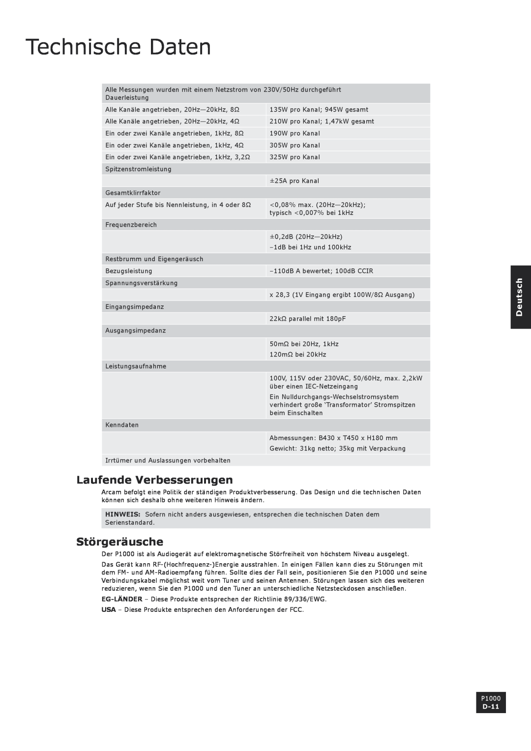 Arcam P1000 manual Technische Daten, Laufende Verbesserungen, Störgeräusche, D-11, Deutsch 