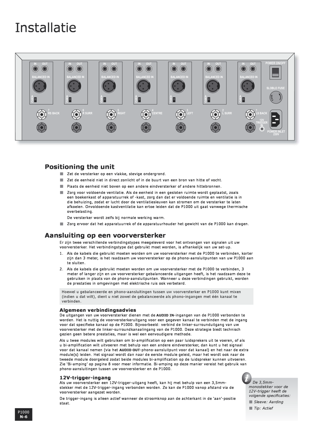 Arcam P1000 manual Installatie, Aansluiting op een voorversterker, Algemeen verbindingsadvies, 12V-trigger-ingang 