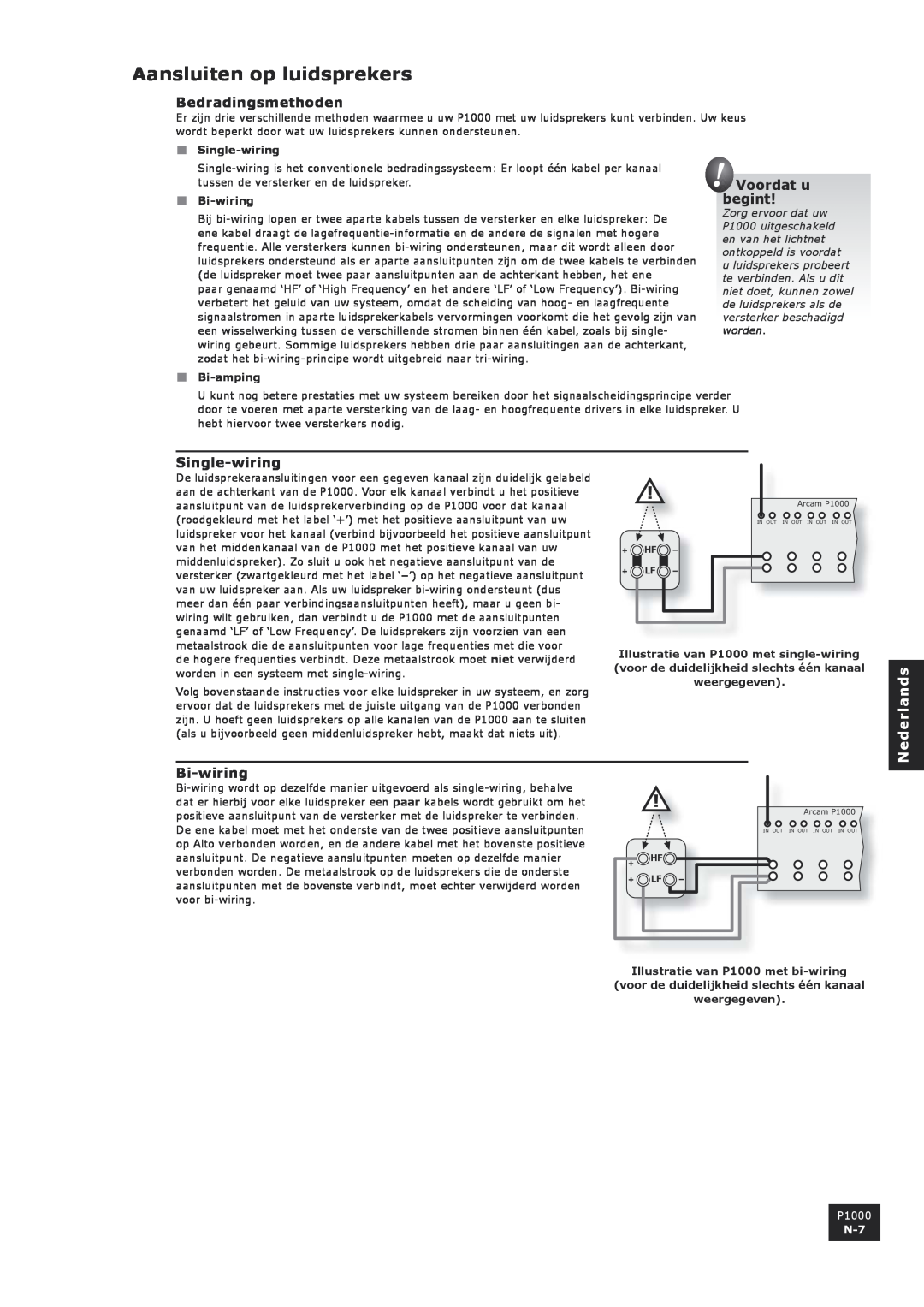 Arcam P1000 manual Aansluiten op luidsprekers, Bedradingsmethoden, Voordat u begint, Single-wiring, Bi-wiring, Bi-amping 