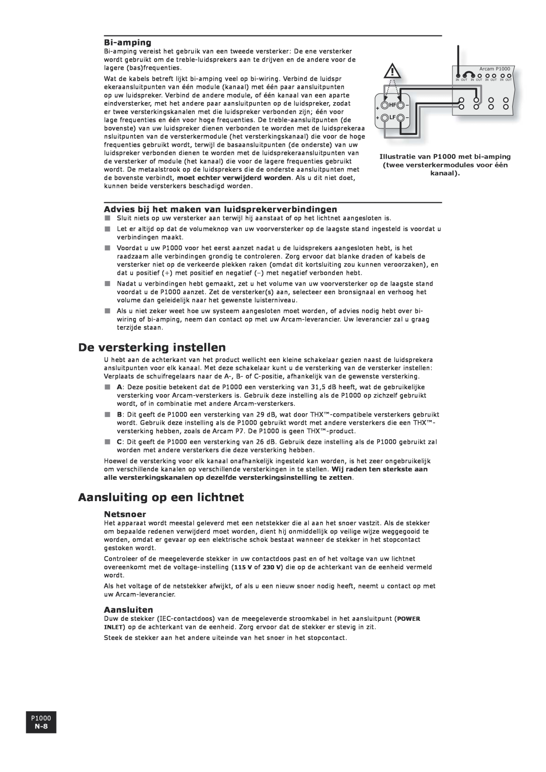 Arcam P1000 manual De versterking instellen, Aansluiting op een lichtnet, Advies bij het maken van luidsprekerverbindingen 
