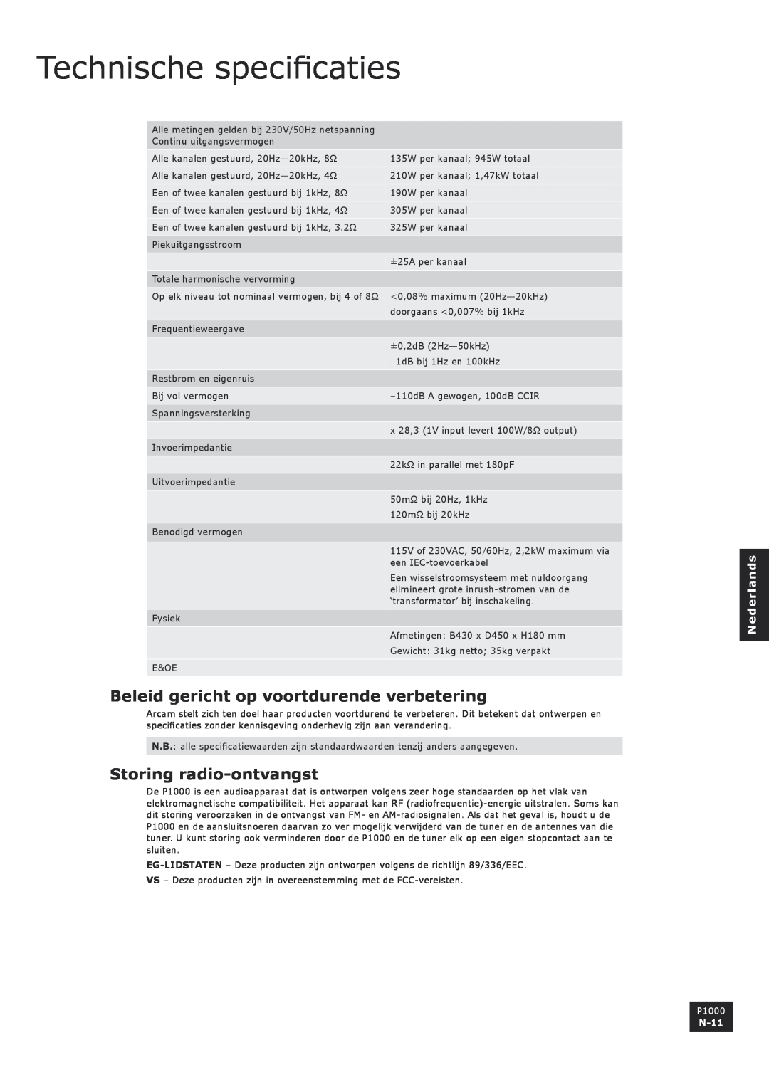 Arcam P1000 manual Technische specificaties, Beleid gericht op voortdurende verbetering, Storing radio-ontvangst, N-11 