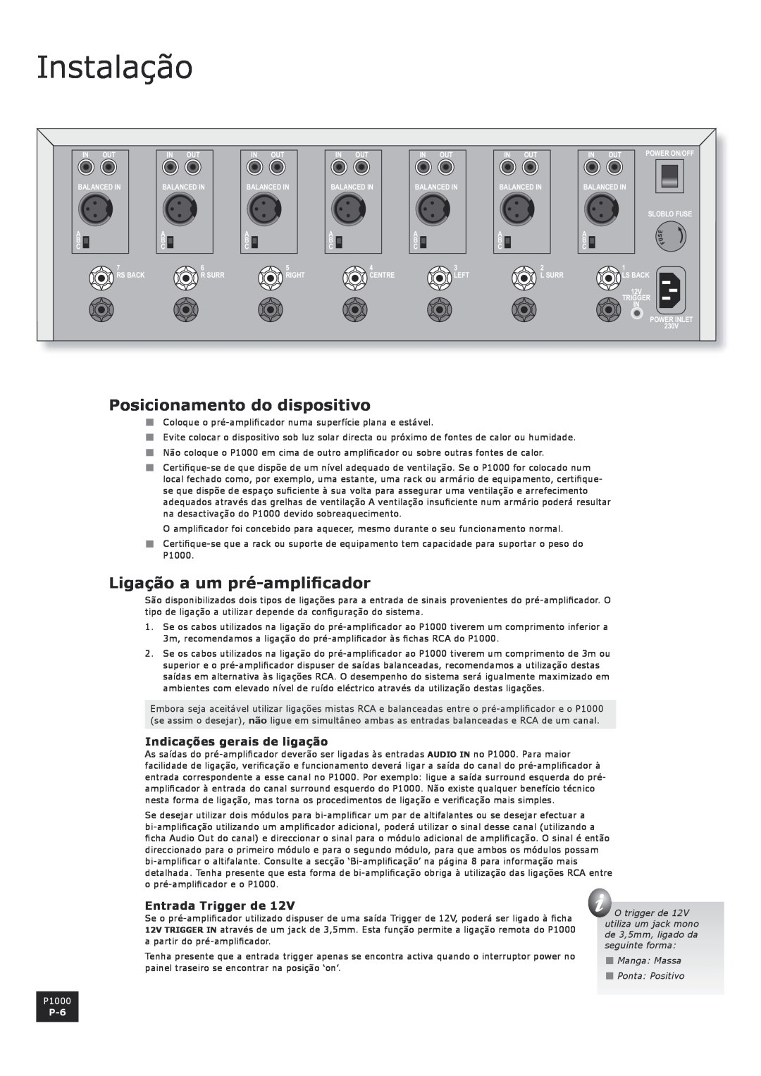 Arcam P1000 manual Instalação, Posicionamento do dispositivo, Ligação a um pré-amplificador, Indicações gerais de ligação 