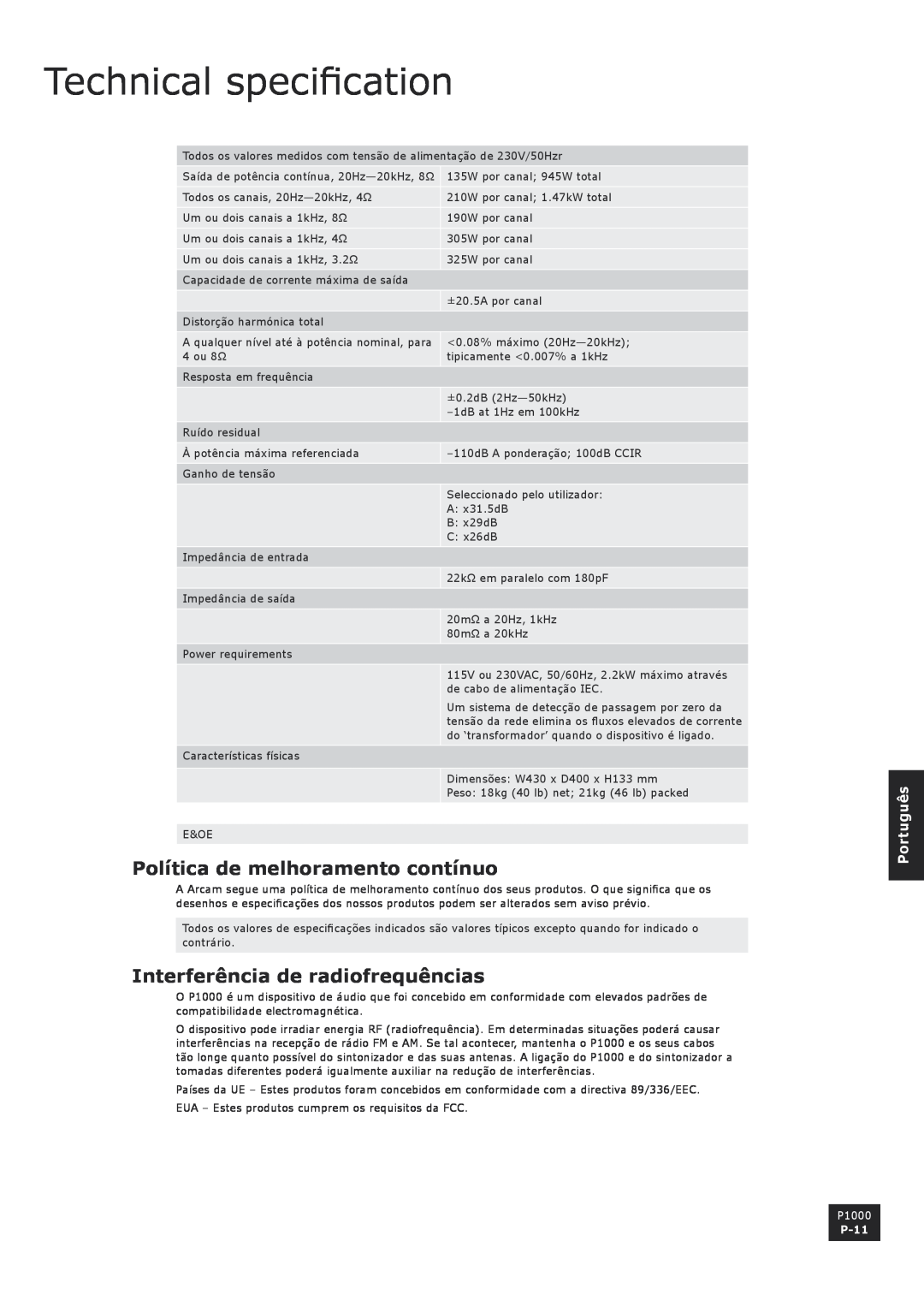 Arcam P1000 Política de melhoramento contínuo, Interferência de radiofrequências, P-11, Technical specification, Português 