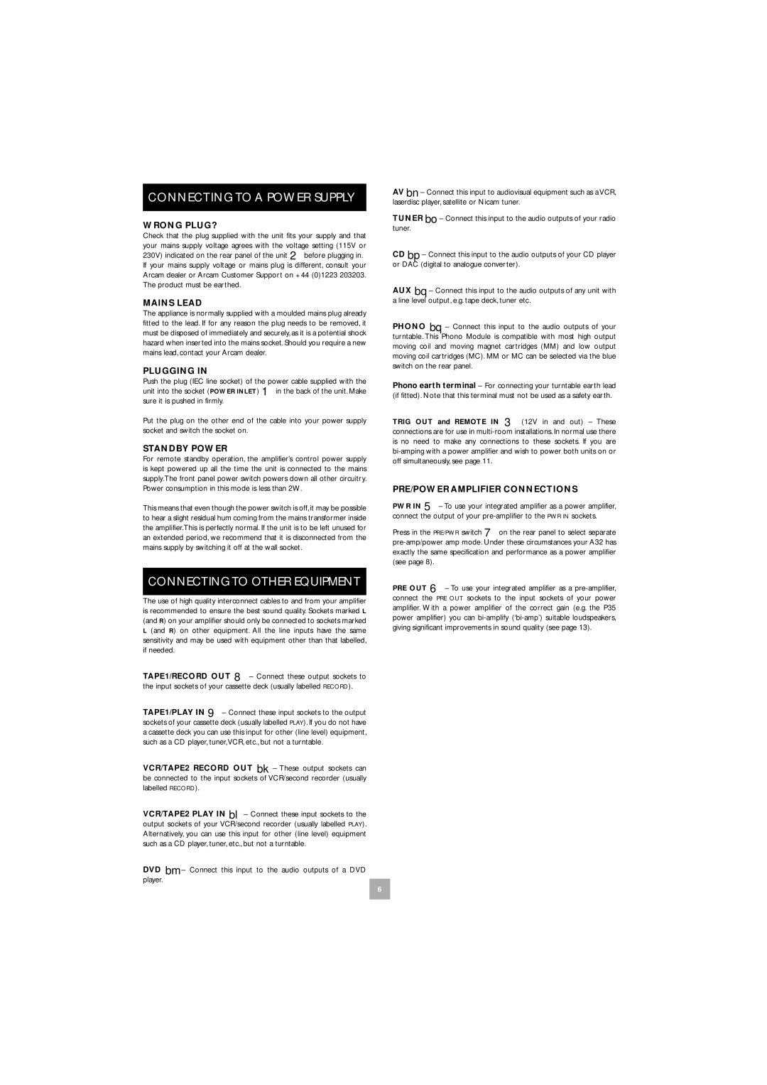 Arcam P35, A32 manual Connecting to a Power Supply, Connecting to Other Equipment 