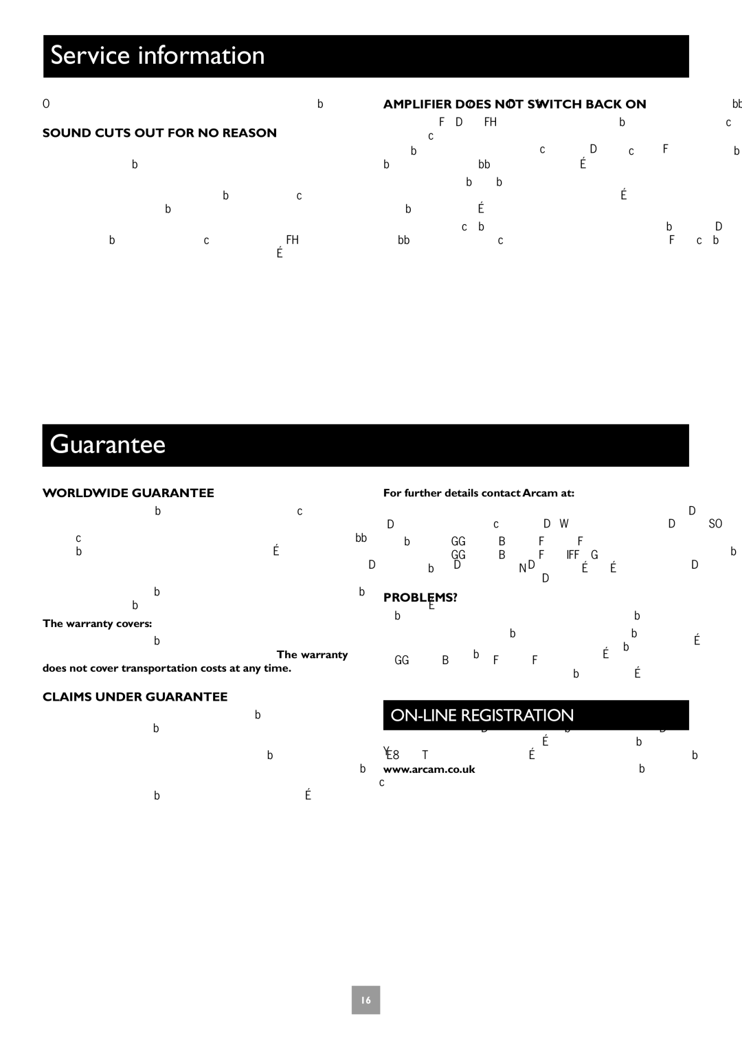 Arcam P1, P35, C30 manual Service information, Guarantee, ON-LINE Registration 