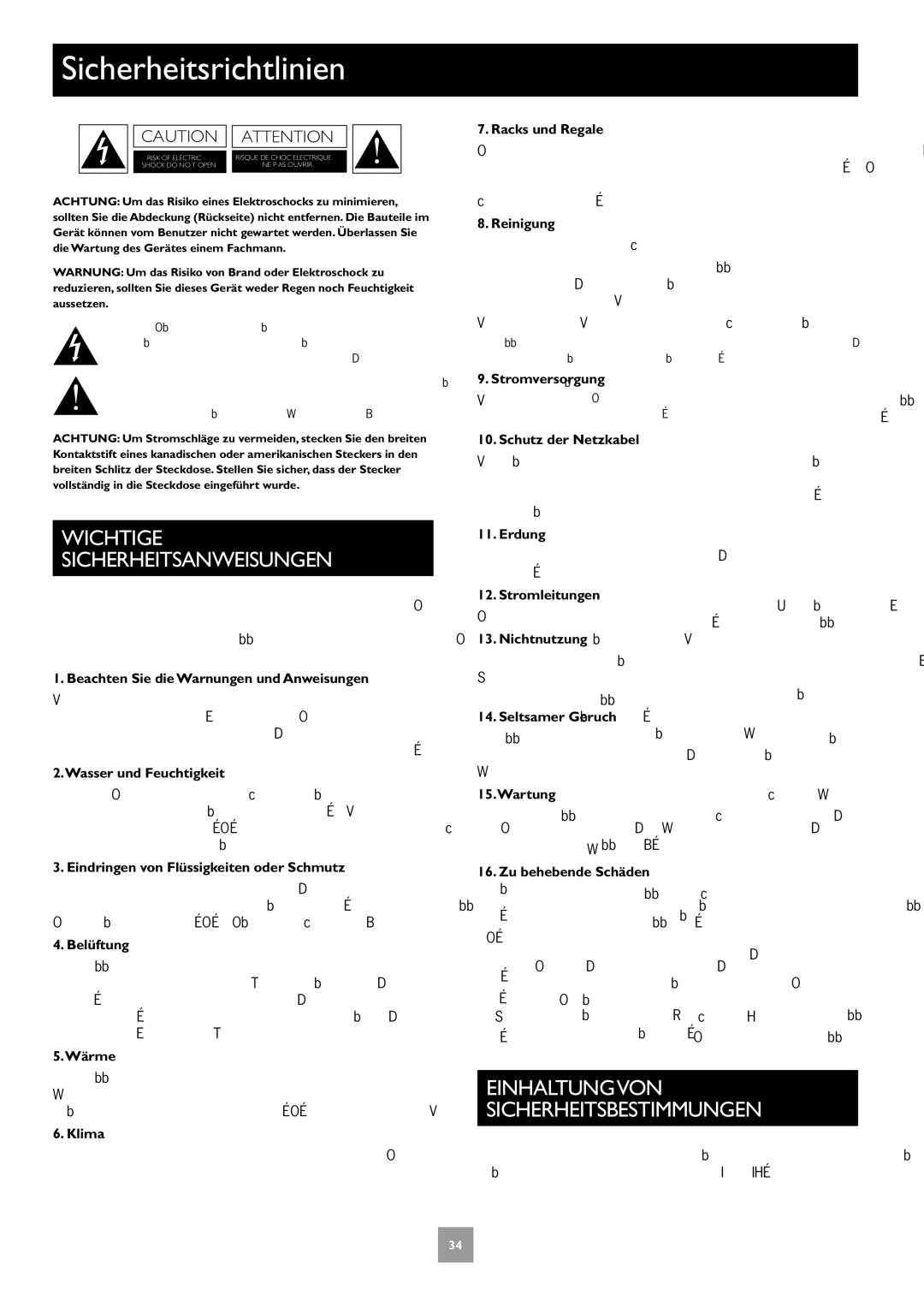 Arcam P1, P35, C30 manual Sicherheitsrichtlinien, Wichtige Sicherheitsanweisungen, Einhaltungvon Sicherheitsbestimmungen 