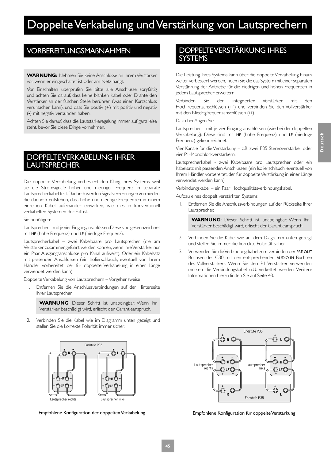 Arcam P35, P1, C30 manual Systems, Doppelteverkabelung Ihrer Lautsprecher 