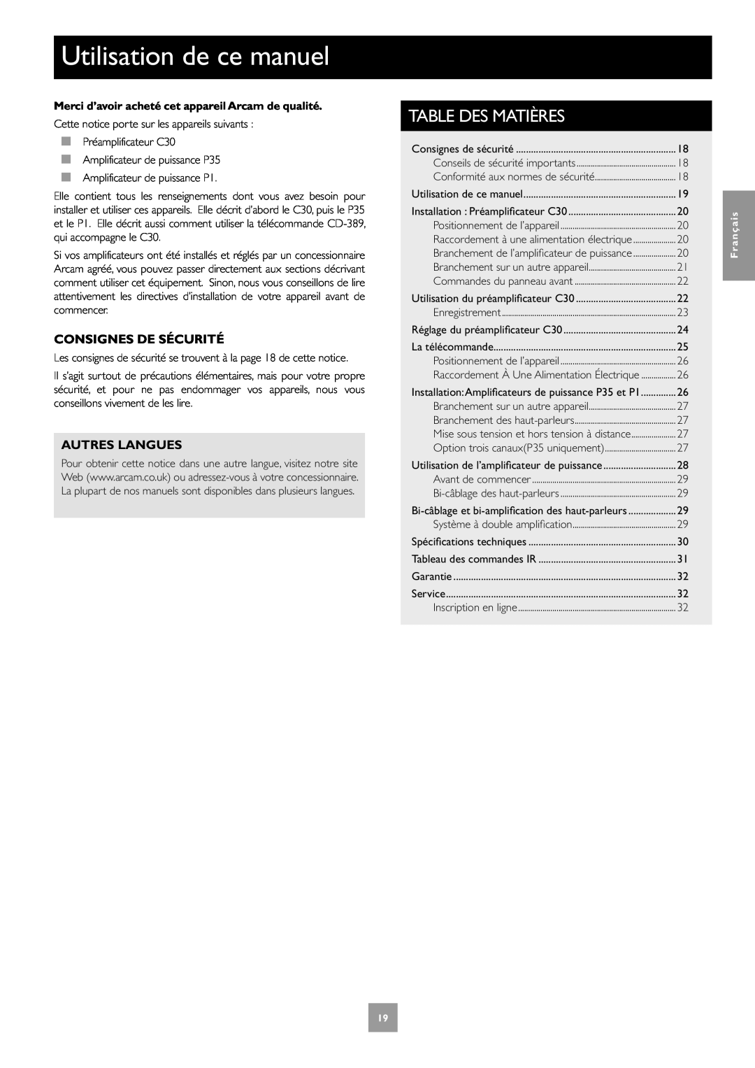Arcam P1, P35, C30 manual Utilisation de ce manuel, Consignes De Sécurité, Autres Langues, Table Des Matières, Français 