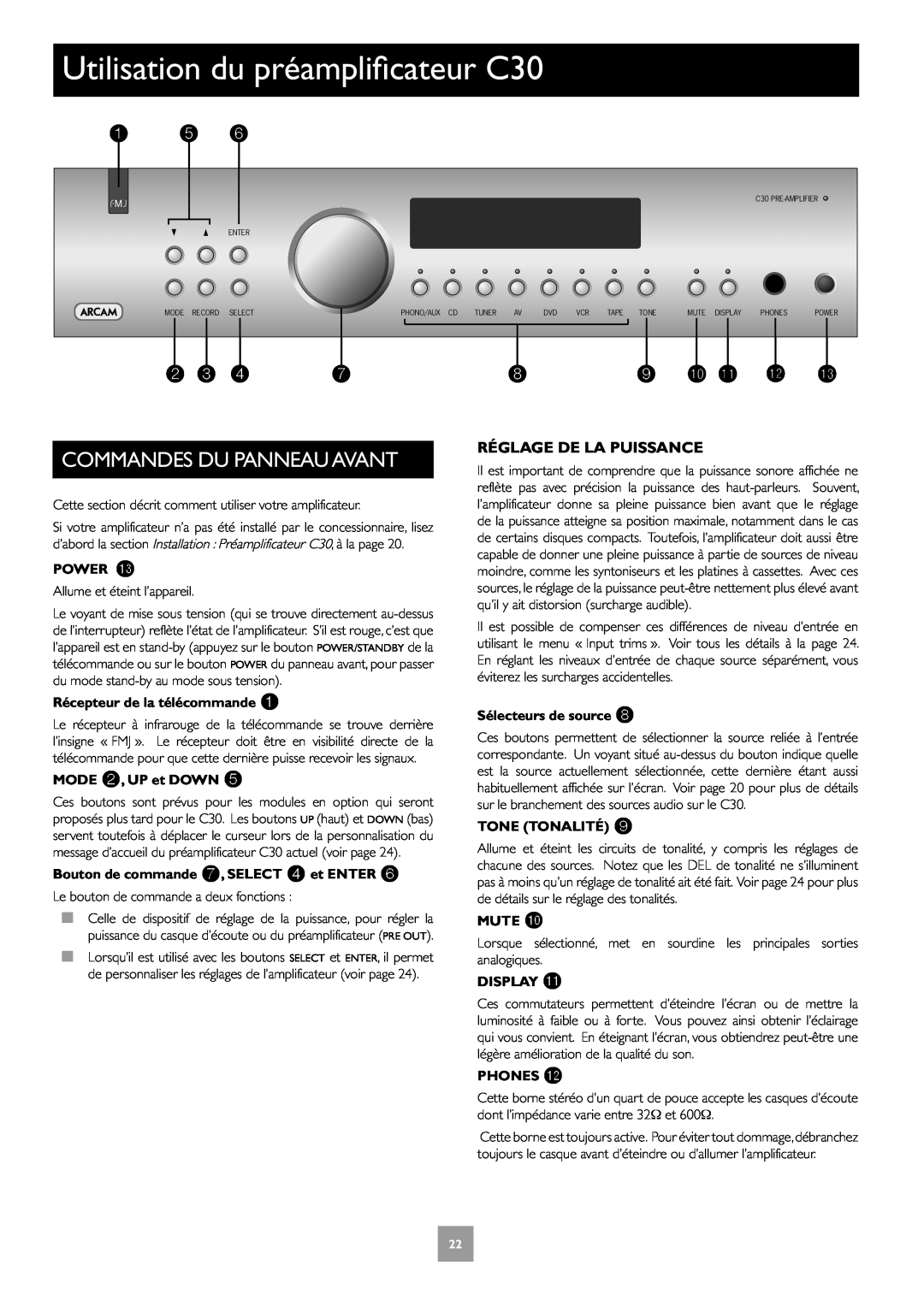 Arcam P1, P35 manual Utilisation du préamplificateur C30, Commandes Du Panneau Avant, Réglage De La Puissance 